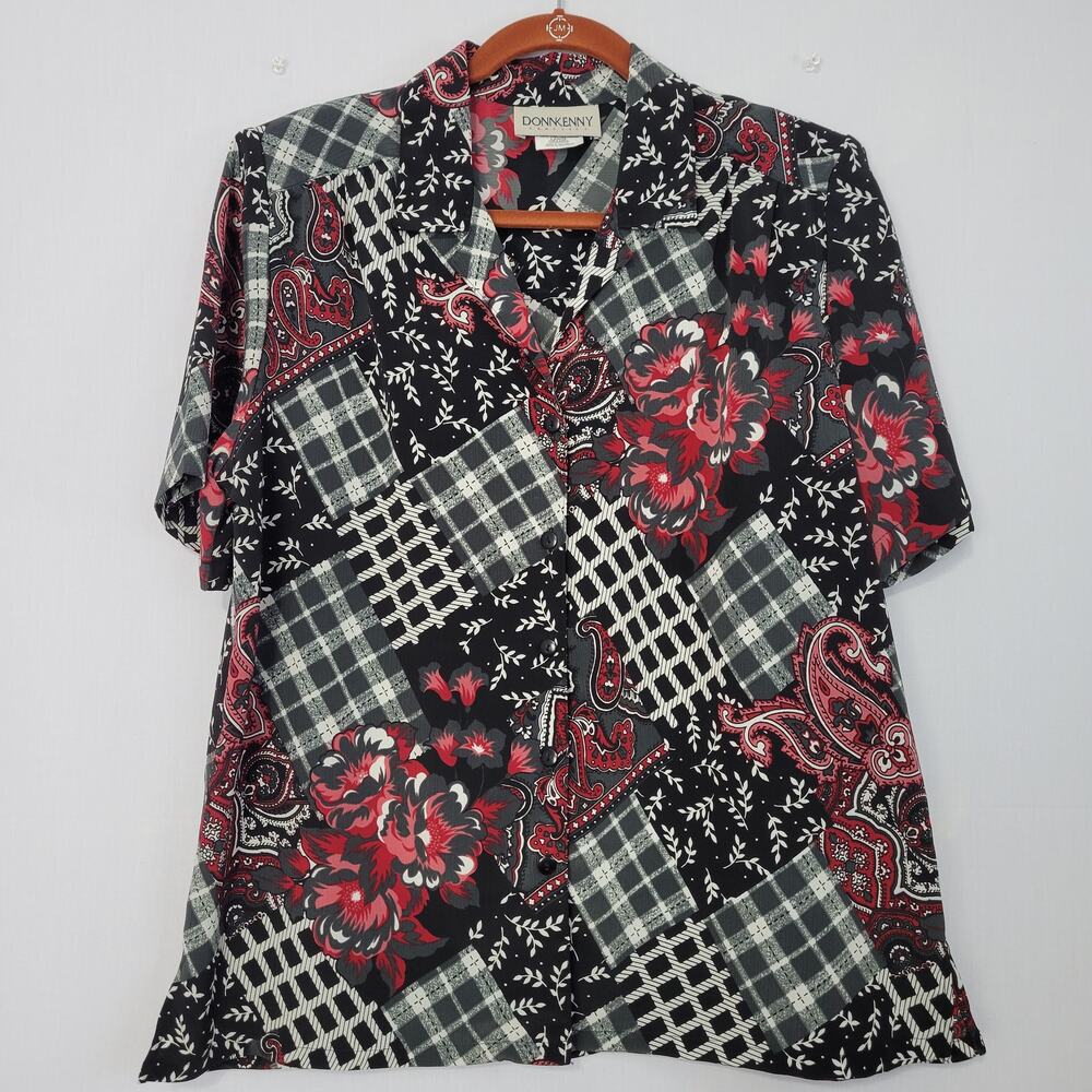 Vintage 90s Plaid Floral Patchwork Print Shirt Sleeve Button-Down Shirt size L